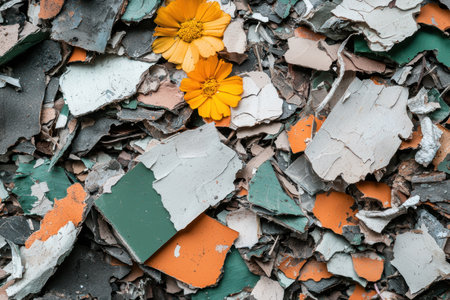 Vibrant orange flowers blooming amidst cracked and peeling paintの素材
