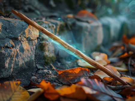Autumn leaves and a wooden stick on the forest floorの素材