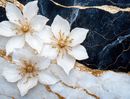 Elegant white flowers with golden accents on a dark marble backgroundの素材