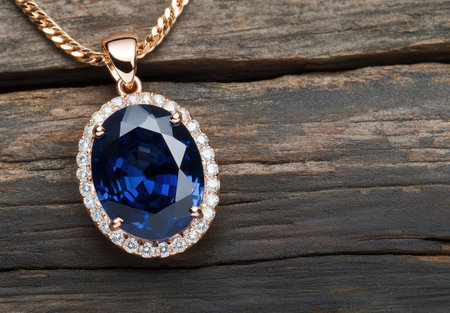 Elegant blue gemstone pendant on wooden backgroundの素材
