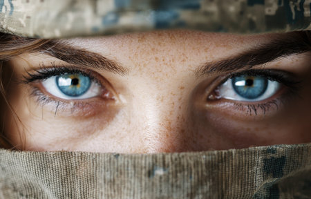 Piercing blue eyes of a person with frecklesの素材