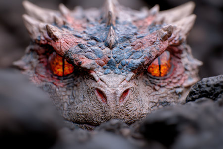 Closeup of a fierce dragon's face with glowing eyes and scaly skinの素材