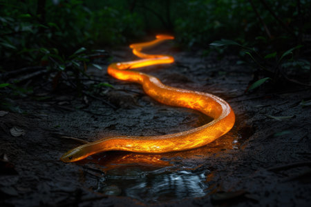 Glowing orange snake slithering through dark forestの素材