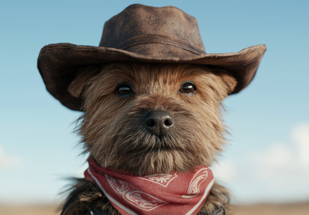Adorable dog wearing cowboy hat and bandanaの素材