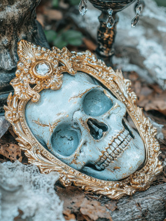 Ornate skull in a golden frameの素材