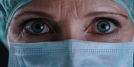 Close-up of medical worker's eyes wearing protective maskの素材