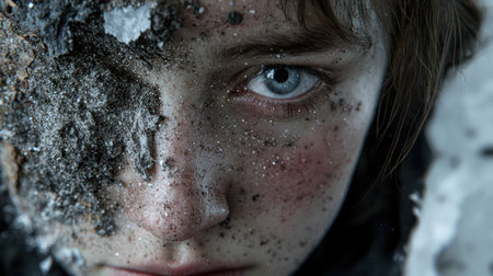 close up of a person's face covered in snow and iceの素材