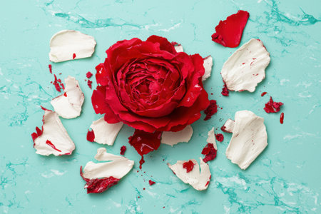 Vibrant red rose with scattered petals on a turquoise backgroundの素材