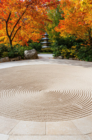 Vibrant autumn foliage surrounding a zen gardenの素材