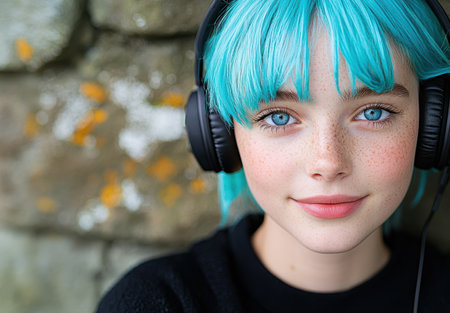 young woman with vibrant blue hair and headphonesの素材