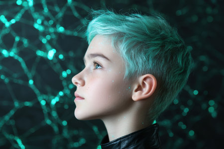 Vibrant portrait of a young person with striking teal hairの素材
