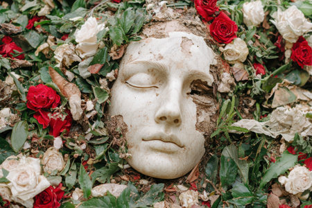 serene stone face surrounded by red roses and leavesの素材