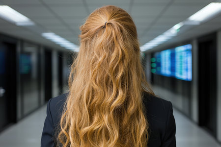 Wavy blonde hair in office settingの素材