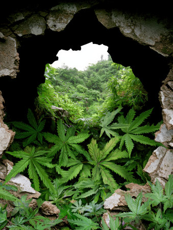 lush green foliage in cave openingの素材