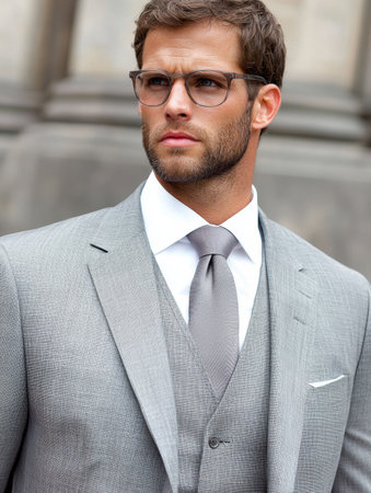 Serious businessman with beard wearing glasses and suitの素材