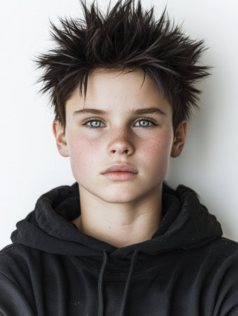 Serious young boy with spiky hair and piercing green eyesの素材