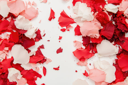 Scattered red and pink rose petals on a white backgroundの素材