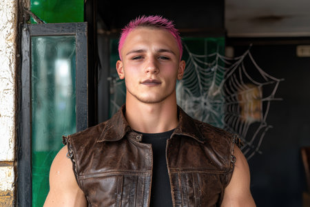 Confident young man with pink hair and leather jacketの素材