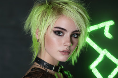 Vibrant neon portrait of a young person with striking green hairの素材