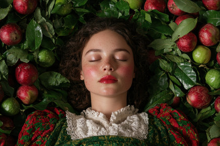 woman surrounded by apples and leavesの素材