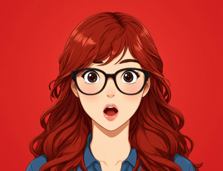 surprised woman with red hair and glassesの素材