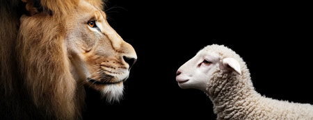 powerful lion and innocent lamb face to faceの素材