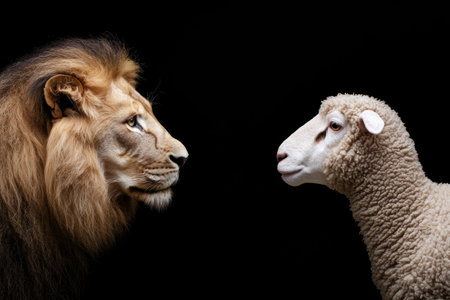 Powerful lion and innocent lamb facing offの素材