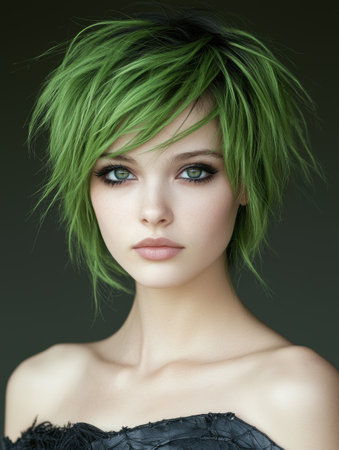 portrait of a woman with vibrant green hairの素材