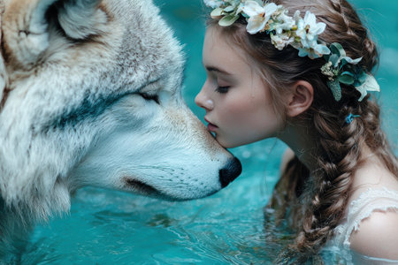 girl with flower crown interacting with wolf in waterの素材