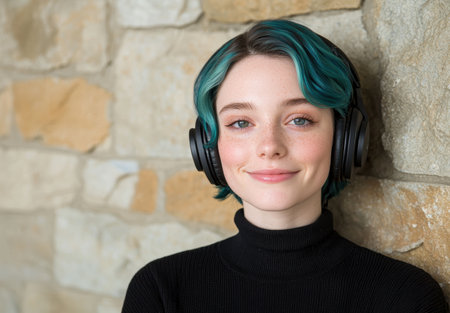 young woman with teal hair and headphones smiling against stone wallの素材