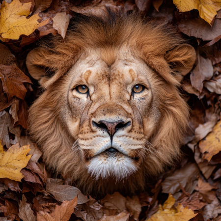 Majestic lion in autumn leavesの素材