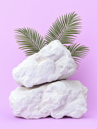 tropical leaves and white rocks on pink backgroundの素材