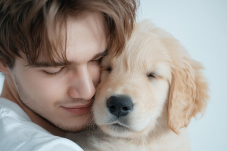young boy cuddling with golden retriever puppyの素材