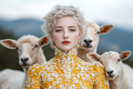 Blonde woman in yellow floral dress with sheepの素材