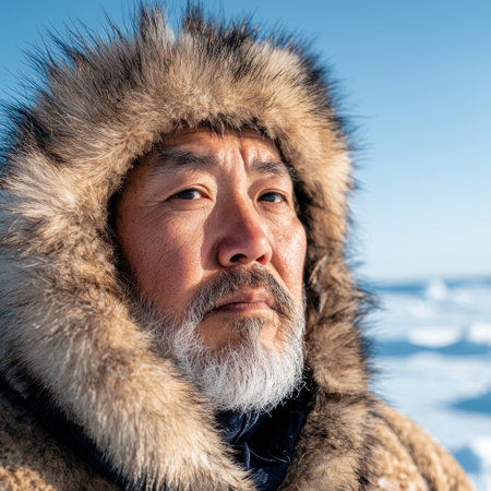 close-up portrait of a rugged man in winter clothingの素材