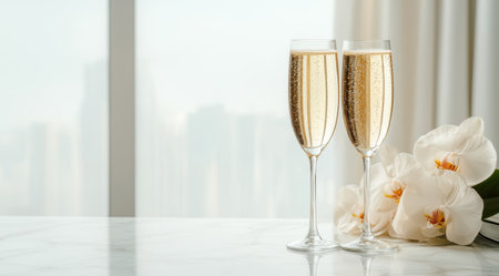 Champagne glasses with white orchid flowersの素材