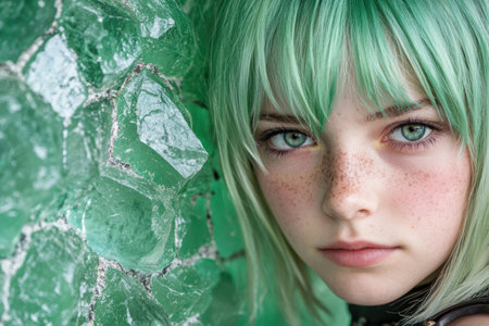 Striking green-haired woman with piercing eyesの素材