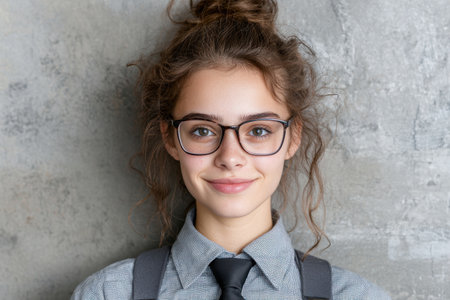 young woman with curly hair and glasses smilingの素材