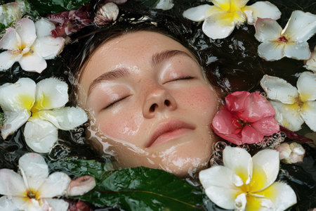woman relaxing in flower bathの素材
