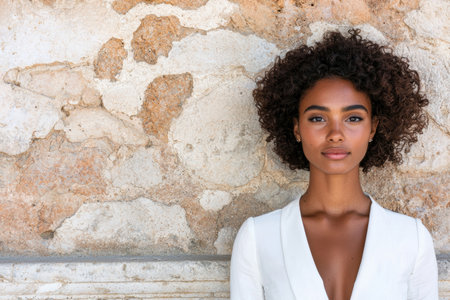 confident young woman with curly hair posing in front of stone wallの素材