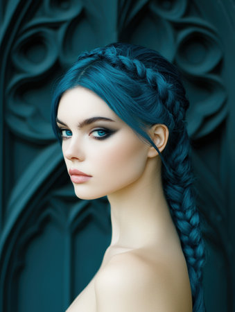 portrait of a woman with vibrant blue hairの素材