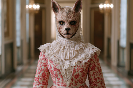 Creepy animal mask in ornate vintage dressの素材