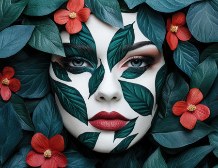 Floral face portrait with red flowers and green leavesの素材