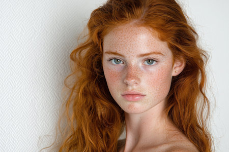 Closeup portrait of a young woman with fiery red curly hair and frecklesの素材