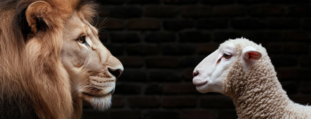 Powerful lion and innocent lamb facing each otherの素材