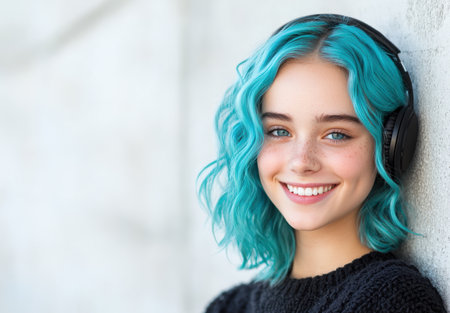 young woman with vibrant blue hair smilingの素材
