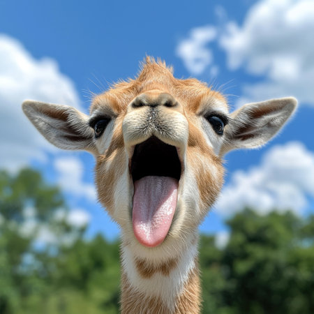 Funny close-up of a smiling camel against a blue skyの素材