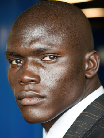 Serious businessman in suit against blue backgroundの素材