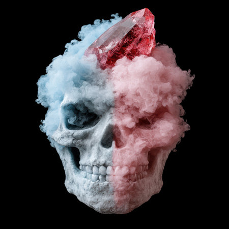 Surreal crystal skull with colorful smokeの素材