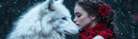 winter romance with wolf and womanの素材